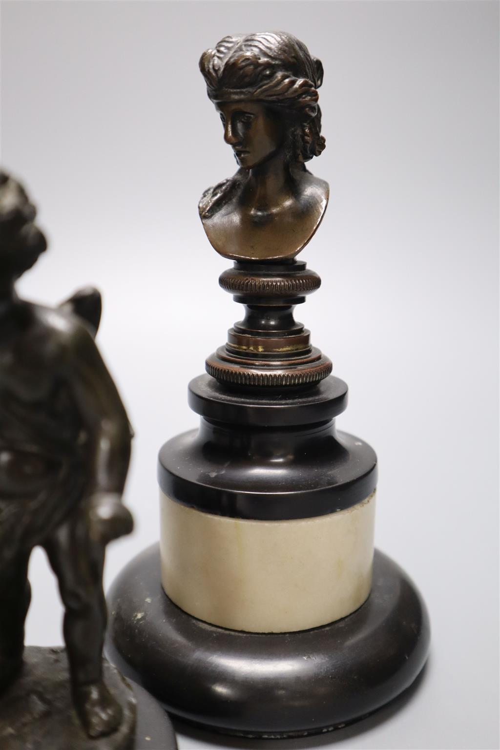 A pair of Regency small bronze busts and a pair of figures of cherubs, tallest 16cm
